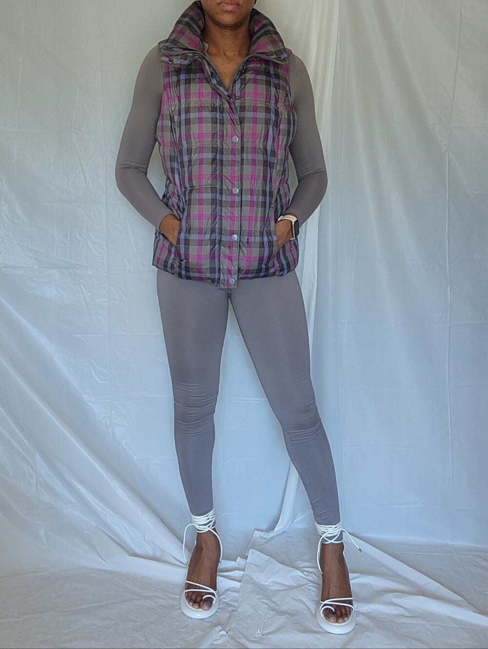 Plaid Quilted Puffer Vest Gray Pink Purple